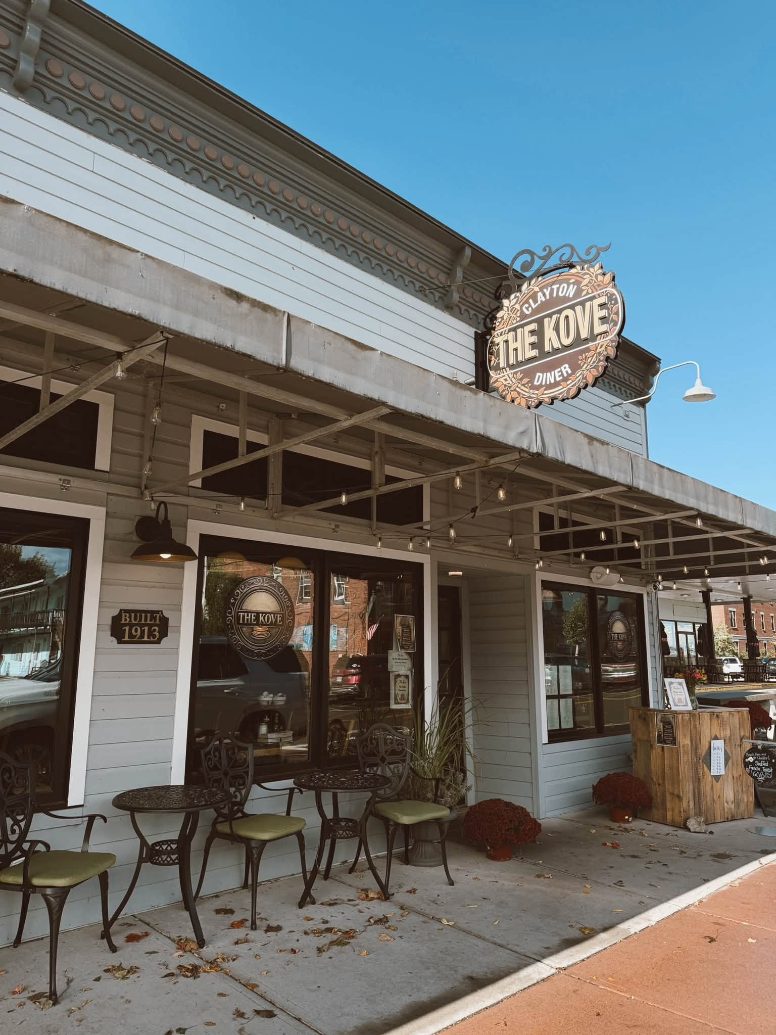 The Kove Diner storefront on a sunny day in Clayton, NY