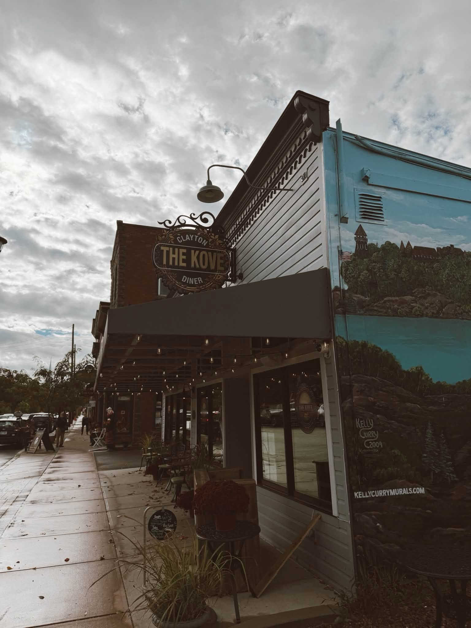 The Kove Diner sign and mural on James Street, Clayton NY